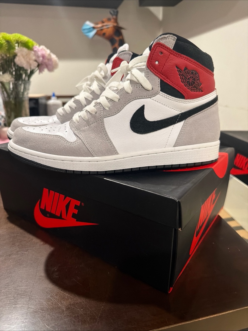 Air Jordan 1 High-Top Sneakers in White, Smoke Gray, Black & Red - Picture 2 of 7